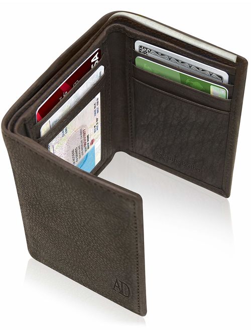 Trifold Wallets For Men RFID - Genuine Leather Slim Mens Wallet With ID Window Front Pocket Wallet Gifts For Men