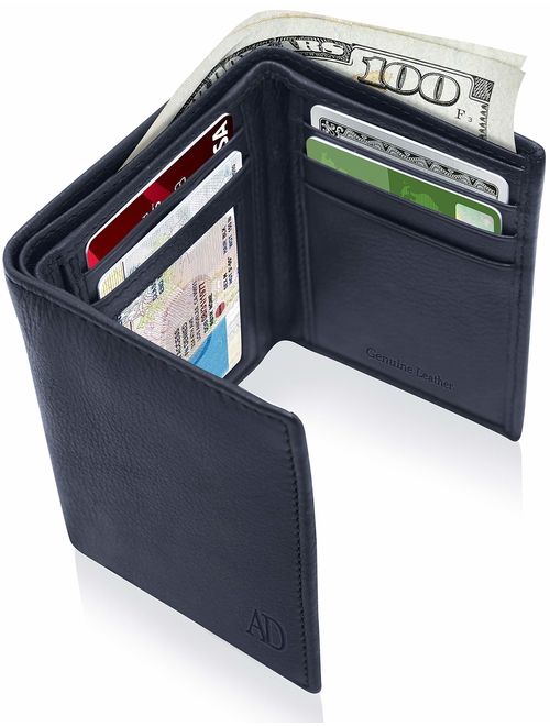 Trifold Wallets For Men RFID - Genuine Leather Slim Mens Wallet With ID Window Front Pocket Wallet Gifts For Men