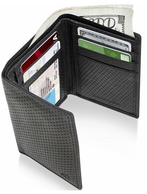 Trifold Wallets For Men RFID - Genuine Leather Slim Mens Wallet With ID Window Front Pocket Wallet Gifts For Men