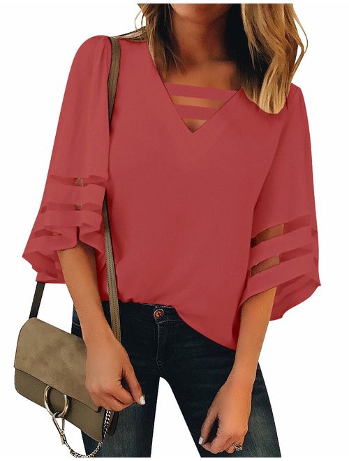 LookbookStore Women's Casual V Neck Mesh Panel Blouse Tops 3/4 Bell Sleeve Shirt