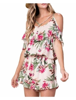 Women's Floral Garden Print Cold Shoulder Ruffle Hem Romper