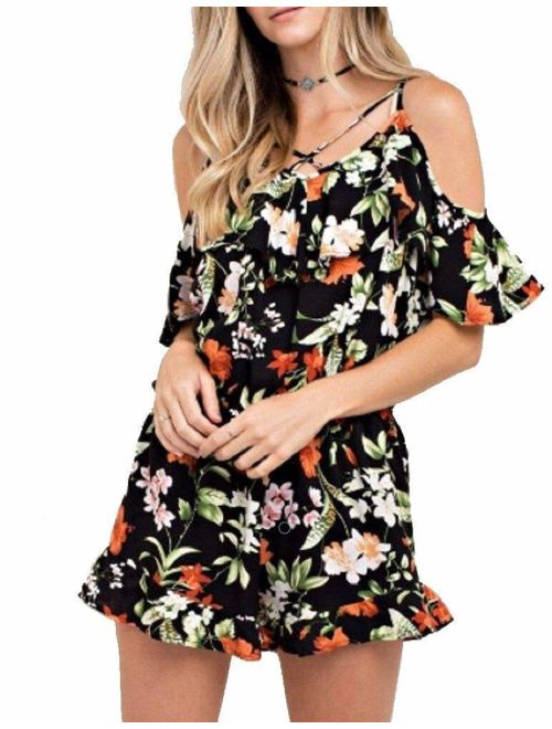 Women's Floral Garden Print Cold Shoulder Ruffle Hem Romper