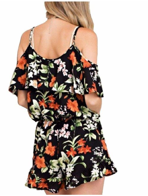 Women's Floral Garden Print Cold Shoulder Ruffle Hem Romper