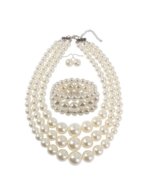 KOSMOS-LI Large Pearl Jewelry Set Pearl Statement 18" Necklace Bracelet and Earrings