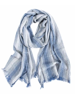 GERINLY Cotton-Linen Scarves Mens Stripe Crinkle Long Scarf