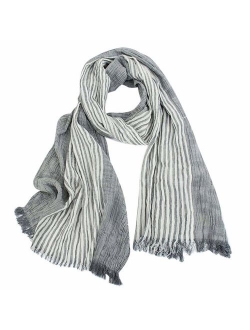 GERINLY Cotton-Linen Scarves Mens Stripe Crinkle Long Scarf