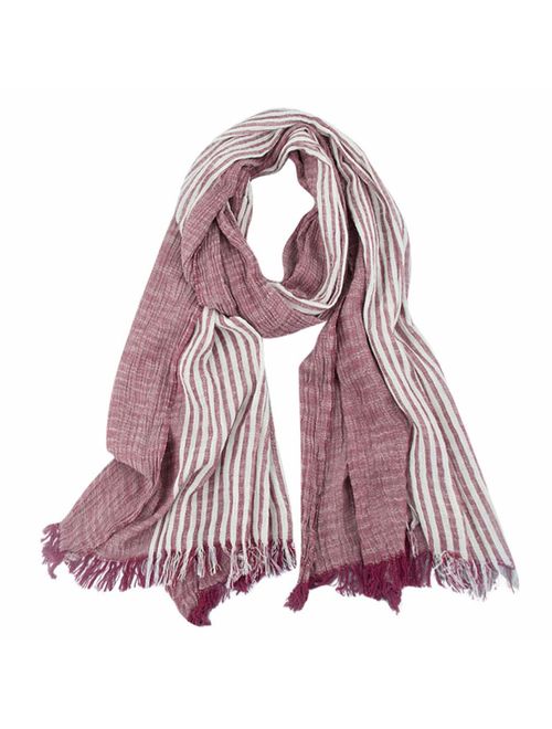 GERINLY Cotton-Linen Scarves Mens Stripe Crinkle Long Scarf