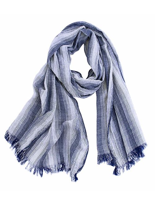 GERINLY Cotton-Linen Scarves Mens Stripe Crinkle Long Scarf