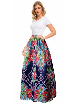 Afibi Women African Printed Casual Maxi Skirt Flared Skirt Multisize A Line Skirt S-5XL