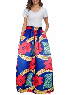 Afibi Women African Printed Casual Maxi Skirt Flared Skirt Multisize A Line Skirt S-5XL