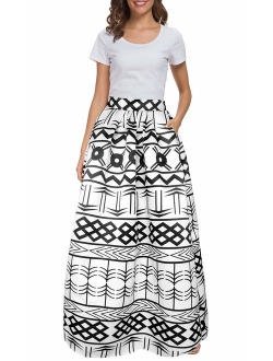 Afibi Women African Printed Casual Maxi Skirt Flared Skirt Multisize A Line Skirt S-5XL