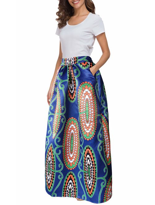 Afibi Women African Printed Casual Maxi Skirt Flared Skirt Multisize A Line Skirt S-5XL