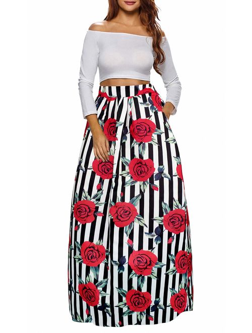 Afibi Women African Printed Casual Maxi Skirt Flared Skirt Multisize A Line Skirt S-5XL