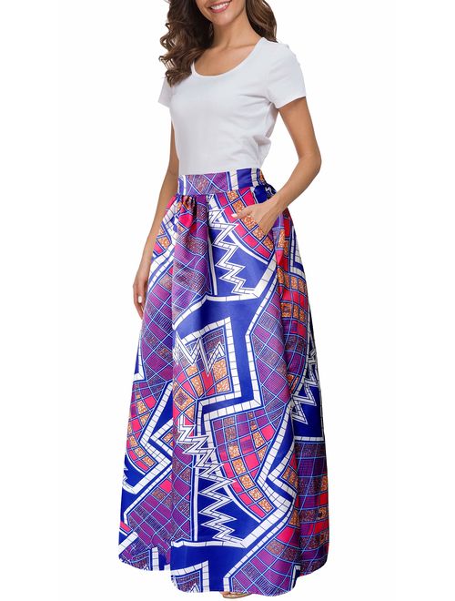 Afibi Women African Printed Casual Maxi Skirt Flared Skirt Multisize A Line Skirt S-5XL