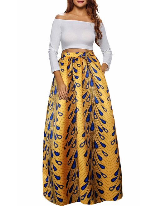 Afibi Women African Printed Casual Maxi Skirt Flared Skirt Multisize A Line Skirt S-5XL