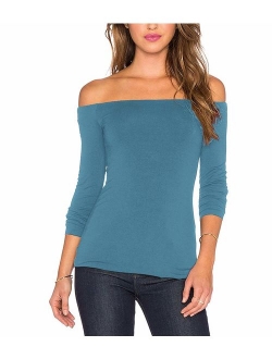 Women's Sexy Slim Fit Stretchy Off Shoulder Long Sleeve Blouse Tops Shirt