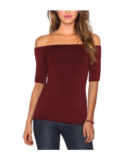 Women's Sexy Slim Fit Stretchy Off Shoulder Long Sleeve Blouse Tops Shirt