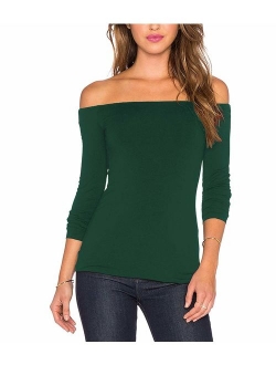 Women's Sexy Slim Fit Stretchy Off Shoulder Long Sleeve Blouse Tops Shirt