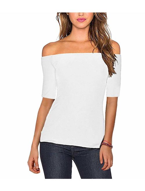 Women's Sexy Slim Fit Stretchy Off Shoulder Long Sleeve Blouse Tops Shirt