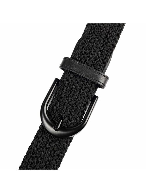 Braided Stretch Elastic Belts | Pin Oval Solid Black Belt Buckle | PU Loop End Tip Men/Women/Junior (7 Sizes 27 Colors