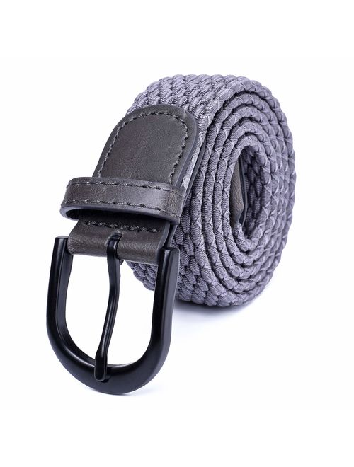 Braided Stretch Elastic Belts | Pin Oval Solid Black Belt Buckle | PU Loop End Tip Men/Women/Junior (7 Sizes 27 Colors