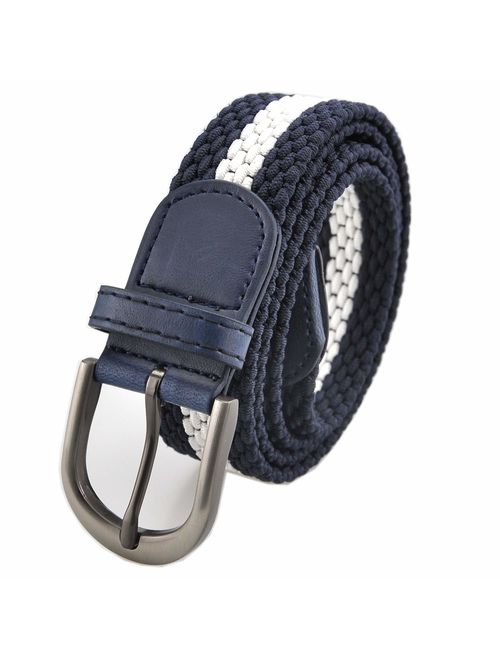 Braided Stretch Elastic Belts | Pin Oval Solid Black Belt Buckle | PU Loop End Tip Men/Women/Junior (7 Sizes 27 Colors