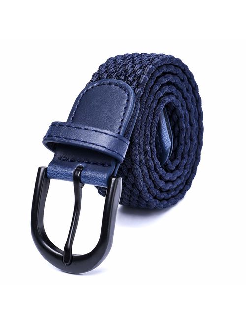 Braided Stretch Elastic Belts | Pin Oval Solid Black Belt Buckle | PU Loop End Tip Men/Women/Junior (7 Sizes 27 Colors