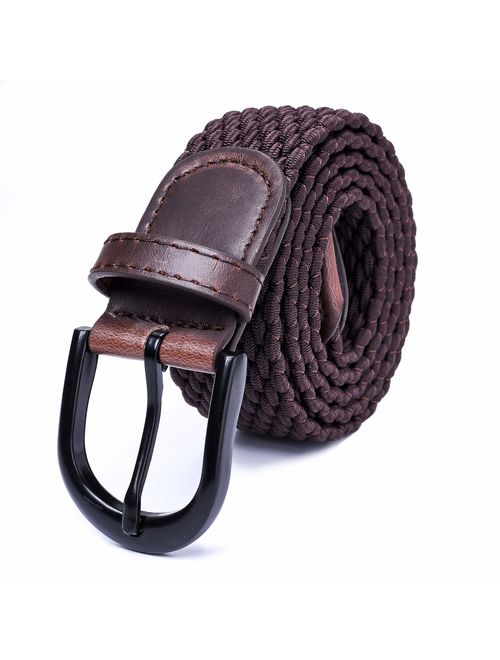 Braided Stretch Elastic Belts | Pin Oval Solid Black Belt Buckle | PU Loop End Tip Men/Women/Junior (7 Sizes 27 Colors