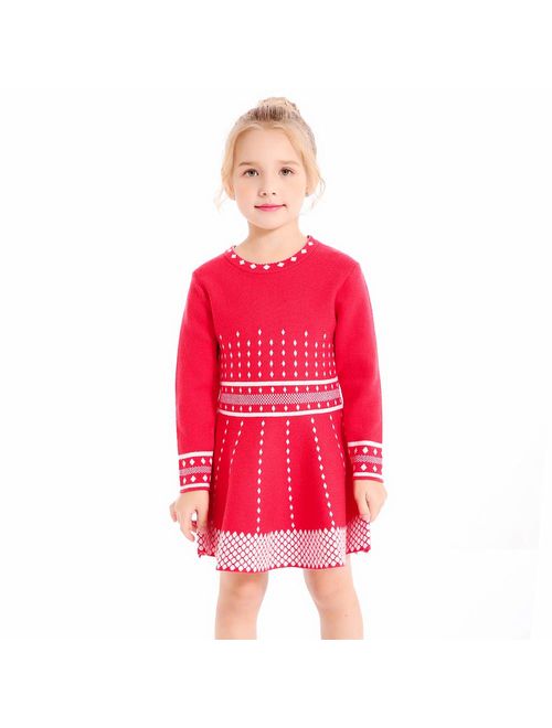 SMILING PINKER Girls Knit Sweater Dress Argyle Crewneck Long Sleeve Winter Party Dress