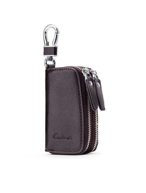 Contacts Genuine Leather Double Zipper Car Key Case Holder Wallet Key Bag