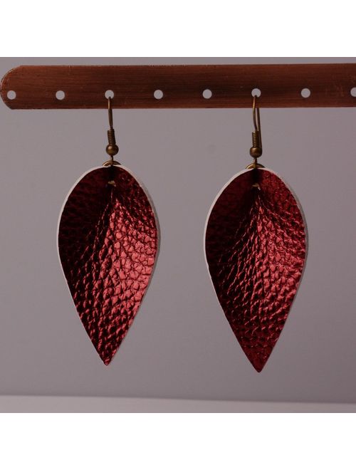 L&N Rainbery 2 Pairs Petal Leather Earrings Faux and Genuine Leather Teardrop Earrings Leaf Drop Earrings