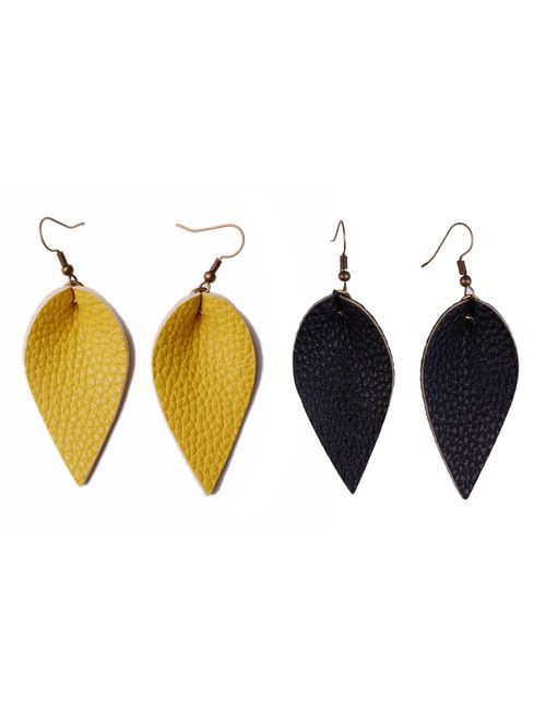 L&N Rainbery 2 Pairs Petal Leather Earrings Faux and Genuine Leather Teardrop Earrings Leaf Drop Earrings