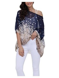 iNewbetter Womens Floral Print Batwing Sleeve Boho Blouse Chiffon Poncho Summer Tunic Tops