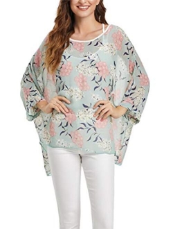 iNewbetter Womens Floral Print Batwing Sleeve Boho Blouse Chiffon Poncho Summer Tunic Tops