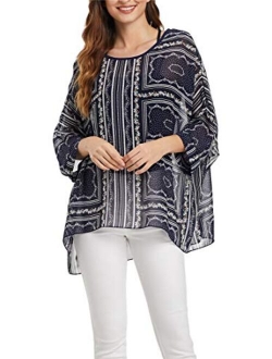 iNewbetter Womens Floral Print Batwing Sleeve Boho Blouse Chiffon Poncho Summer Tunic Tops