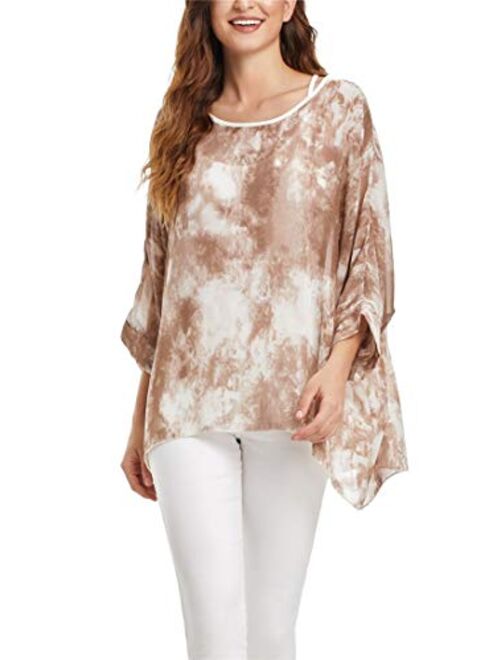 iNewbetter Womens Floral Print Batwing Sleeve Boho Blouse Chiffon Poncho Summer Tunic Tops