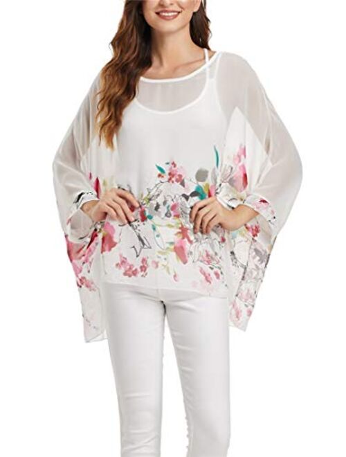 iNewbetter Womens Floral Print Batwing Sleeve Boho Blouse Chiffon Poncho Summer Tunic Tops