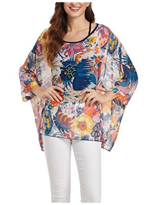 iNewbetter Womens Floral Print Batwing Sleeve Boho Blouse Chiffon Poncho Summer Tunic Tops