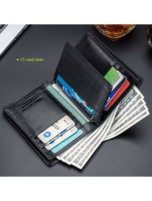 Bullcaptain Large Capacity Genuine Leather Bifold Wallet/Credit Card Holder for Men with 15 Card Slots QB-027