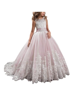 Princess Lilac Long Girls Pageant Dresses Kids Prom Puffy Tulle Ball Gown