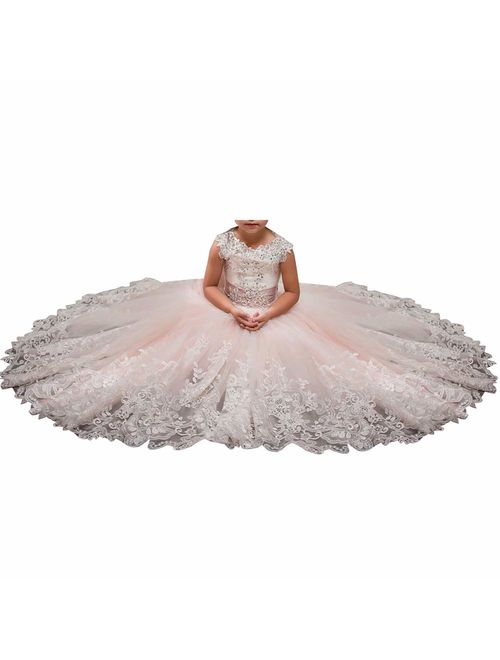 Princess Lilac Long Girls Pageant Dresses Kids Prom Puffy Tulle Ball Gown