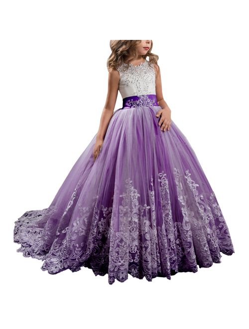 Princess Lilac Long Girls Pageant Dresses Kids Prom Puffy Tulle Ball Gown