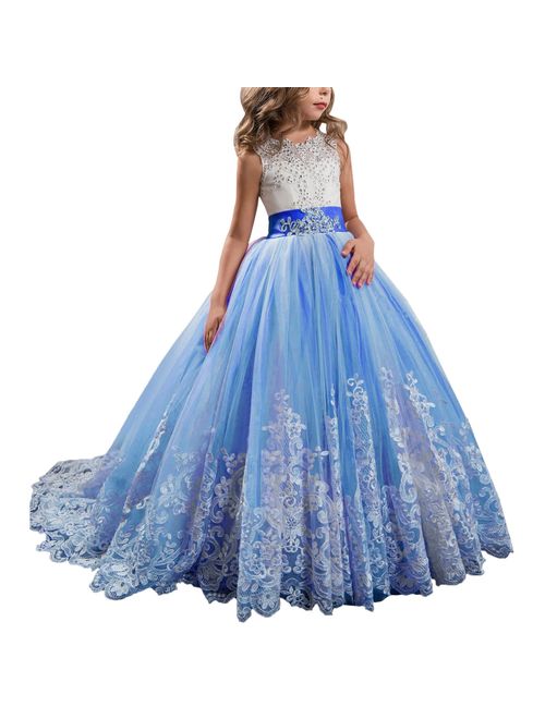 Princess Lilac Long Girls Pageant Dresses Kids Prom Puffy Tulle Ball Gown