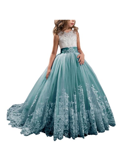 Princess Lilac Long Girls Pageant Dresses Kids Prom Puffy Tulle Ball Gown