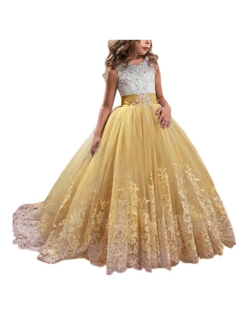 Princess Lilac Long Girls Pageant Dresses Kids Prom Puffy Tulle Ball Gown