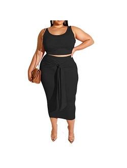 Plus Size Skirt Sets - Stretchy Sexy Two Piece Outfits for Women Bodycon Crop Top + Long Pencil Skirt