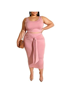 Plus Size Skirt Sets - Stretchy Sexy Two Piece Outfits for Women Bodycon Crop Top + Long Pencil Skirt