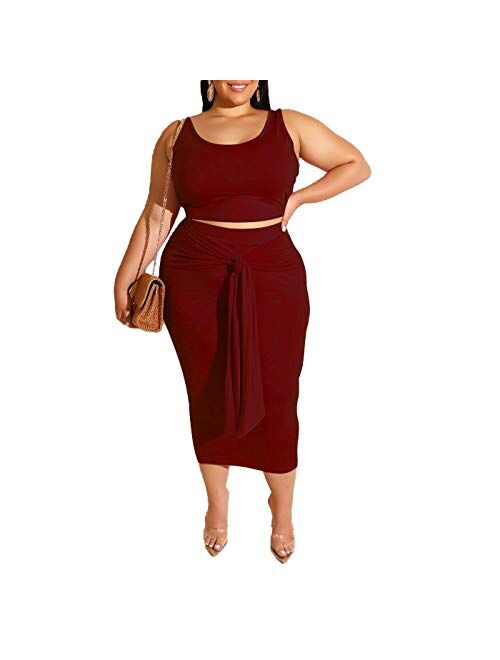 Plus Size Skirt Sets - Stretchy Sexy Two Piece Outfits for Women Bodycon Crop Top + Long Pencil Skirt