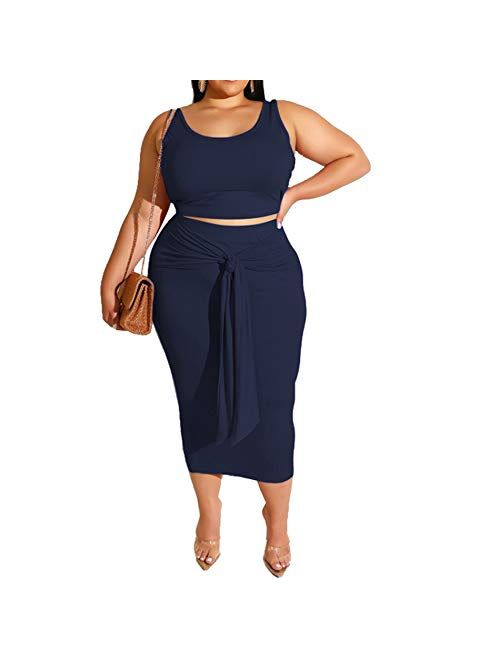 Plus Size Skirt Sets - Stretchy Sexy Two Piece Outfits for Women Bodycon Crop Top + Long Pencil Skirt