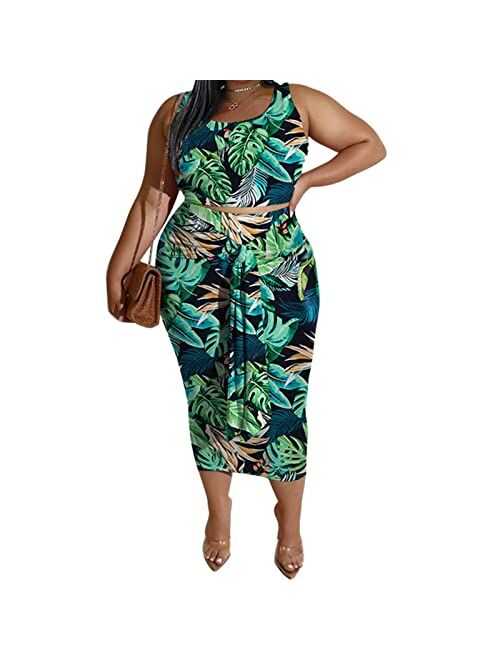 Plus Size Skirt Sets - Stretchy Sexy Two Piece Outfits for Women Bodycon Crop Top + Long Pencil Skirt